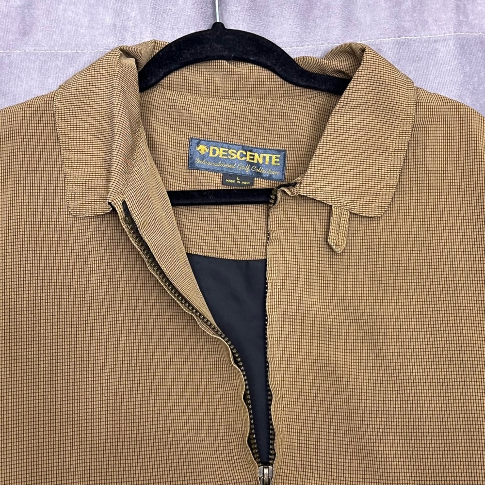 Descente Golf Jacket Mens L Tan Micro Check Full Zip Harrington Windbreaker GOOD